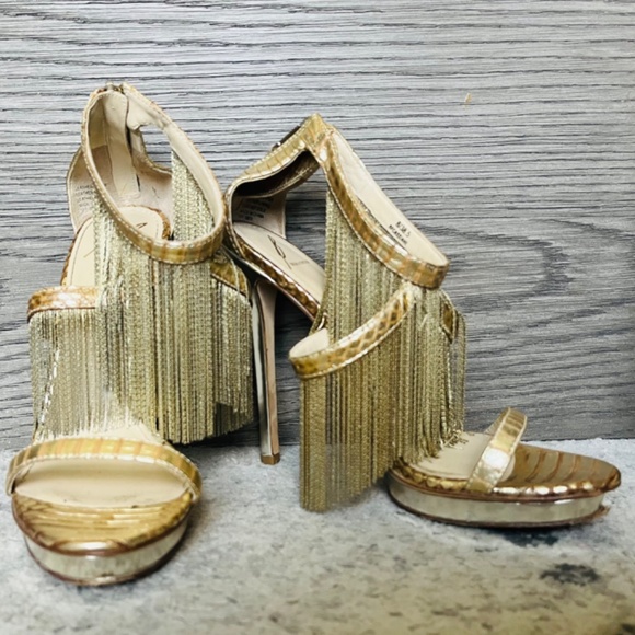 B. Brian Atwood Gold Fringe Platform Stiletto Sandal size 8 - Picture 2 of 3